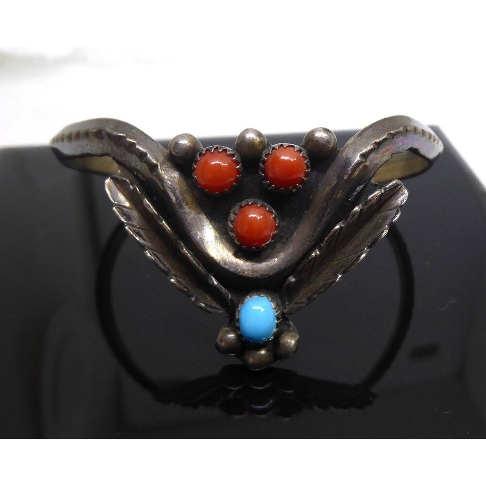 Navajo Mary S. Lew Sterling Silver Turquoise Coral Insect Cuff Bracelet